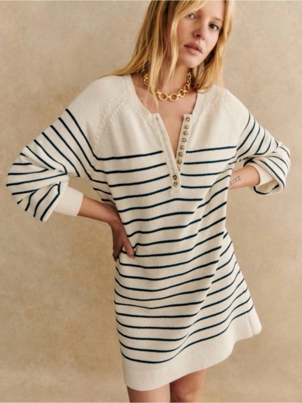 Sezane ecru cream navy striped cotton knit long sleeve dress leontine mini XS